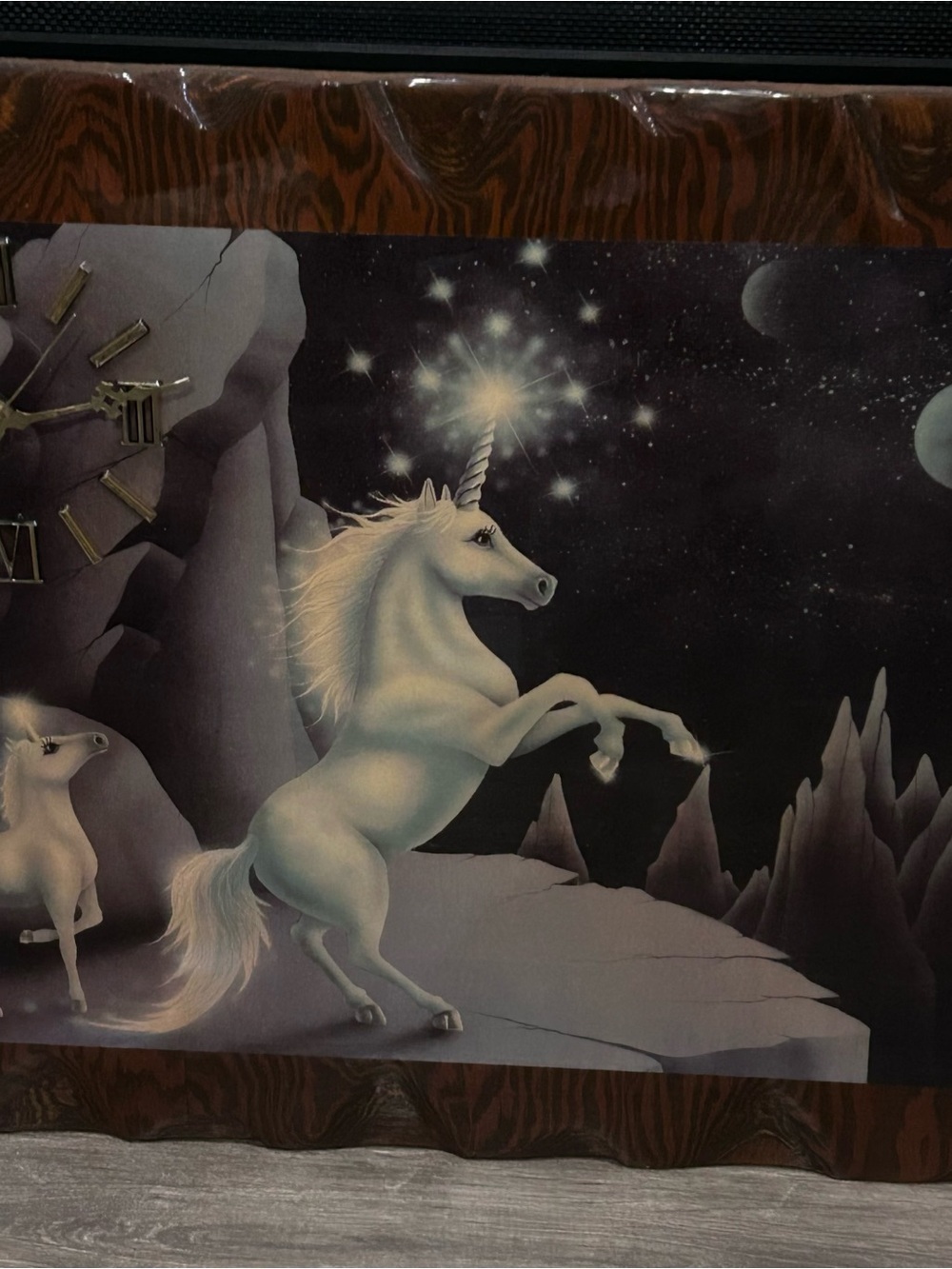 VTG 80s Unicorn in Paradise Clock Andy Mack Lacquered Wood Fairycore Mystical - Picture 4 of 9